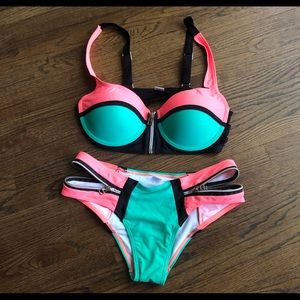 Neon Coral Turquoise Zip Up Strappy Bikini Swim